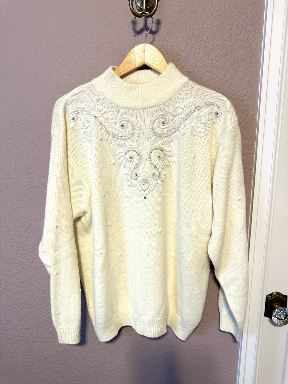 Vintage Alfred Dunner Cream Beaded Mock Neck Sweater
